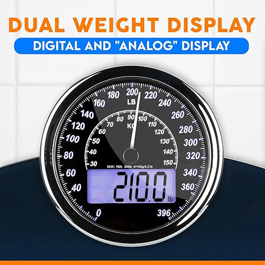ZENO Hybrid 2-in-1 Analog &amp Digital Weighing Scale for Body Weight up to 400lbs - Thick Tempered Glass - Extra Large Display - Easy to Read Digital Bathroom Scale - New - Dark Blue