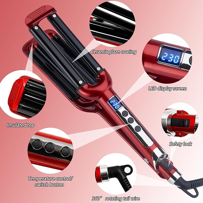 Wave Curling Iron 3 Barrel Hair Tool with Adjustable Temperature 100°C to 230°C for Women Fast Heating Anti-Scald 0.6 Inch Hair Crimper with Intelligent Power Off for All Hair Types (Red)