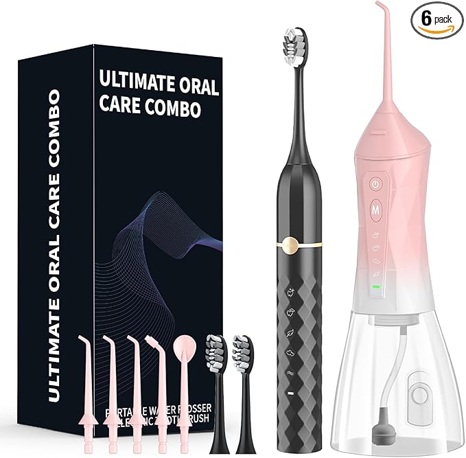 Water flosser+Electric Toothbrush Combination Set -5-Speed Sonic Electric Toothbrush 4-Speed Portable Water flosser Super Waterproof a Great Gift for Friends (Pink)