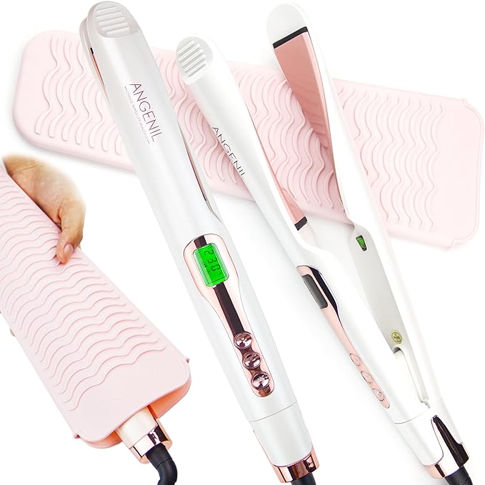 ANGENIL Pro Tourmaline Ceramic Twist Hair Straightener Dual Voltage Flat Iron Curling Iron in One Round Flat Iron with Silicone Heat Resistant Mat LCD Display 11 Adjustable Temp 20S Fast Heating
