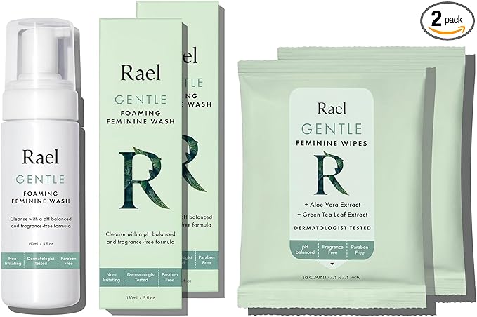 Rael Feminine Care Wash &amp Wipes Bundle - pH-Balance Artificial Fragrances Free Vegan Cruelty-Free/Foaming Feminine Cleansing Wash (5oz 2 Pack) &amp Flushable Feminine Wipes (10 Count Pack of