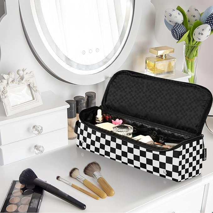 Hair Tools Travel Bag with Heat Resistant Mat Detachable 2-in-1 Curling Iron Travel Case Hot Tools Organizer for Straightener Flat Iron Checkered Black and White