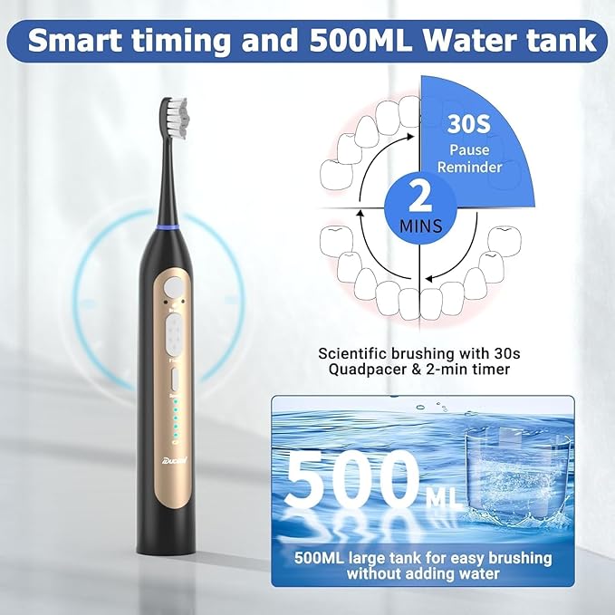 Electric Toothbrush with Water Flosser Upgraded 2.0 Electric Toothbrush for Adults 5 Floss Speeds &amp 3 Modes with 3 Brush + 1 Nozzle 500ML Tank IPX7 Waterproof for Braces &amp Gum Care (Black