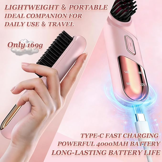 Go Brush Pro Portable Hair Straightener Brush Cordless Negative Ion Hair Straightener Comb 4 Temps Fast Heating MCH Ceramic Coating Multi-Functional Brush for All Hair Types (Black)