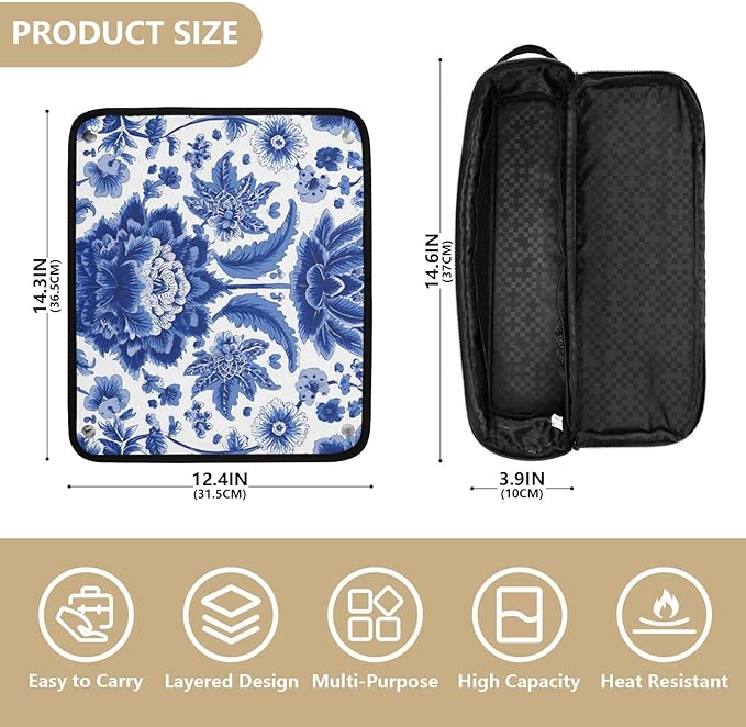 Hair Tools Travel Bag with Heat Resistant Mat Detachable 2-in-1 Curling Iron Travel Case Hot Tools Organizer for Straightener Flat Iron Blue and White Symmetrical Floral