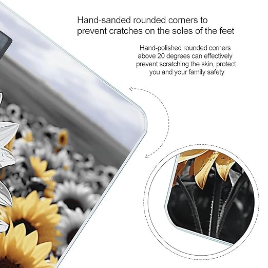 Black and White Sunflowers Scale for Body Weight Accurate Digital Bathroom Scale Toughened Glass High Precision Scales Smart Weight Scales with Large LCD Backlight Display Weighing Machine
