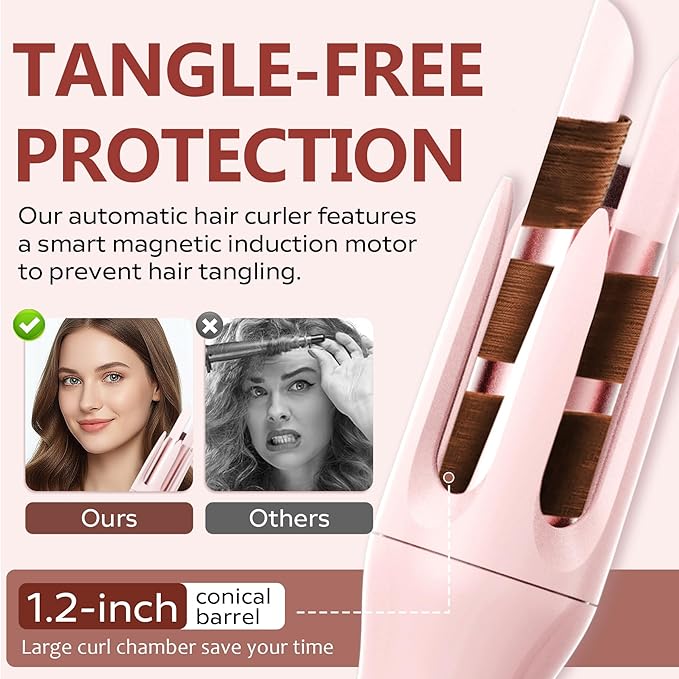 Automatic Rotating Curling Iron with 3 Temperature Fast Heating Auto Hair Curler with Timer Settings Anti-Tangle Automatic Shut-Off and Scalding for Hair Styling Pink