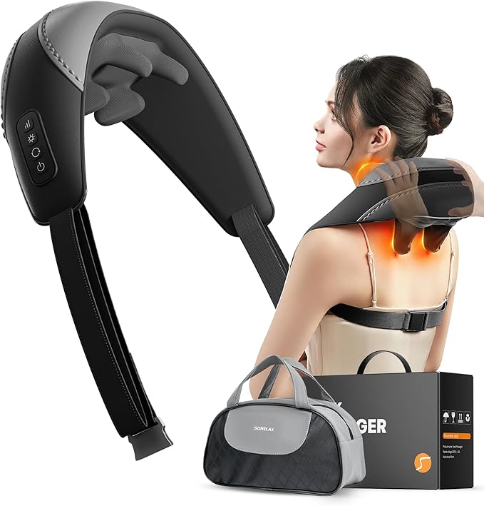 Shiatsu Neck and Shoulder Massager with Heat for Pain Relief Deep Tissue Portable Massagers for Neck and Back Gifts for Men and Woman (Black with Leather Handbag)