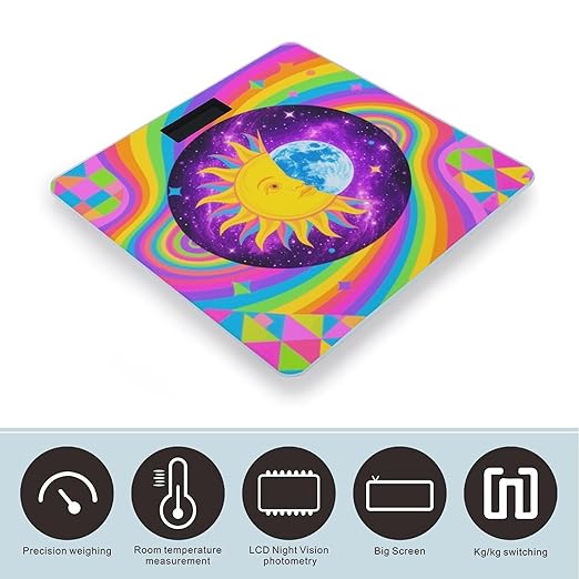 Sun and Moon Psychedelic Scale for Body Weight Sturdy Tempered Glass Weighing Scales with LCD Display Accurate Digital Bathroom Scale Convenient Body Fat Smart Scales Easy Read