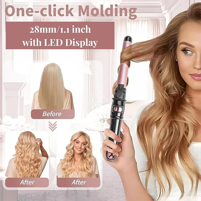 Automatic Curling Wand 28mm/1.1 inch Rotating Curling Iron for Short Long Hair LED Display Professional Waver Hair Fast Heating (Rose Gold)