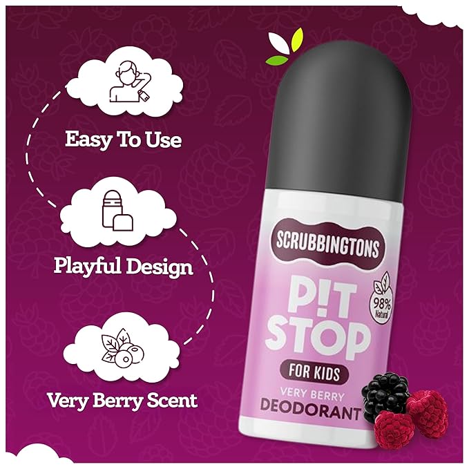 Scrubbingtons Pit Stop Kids Deodorant Natural Roll On For Children Teens. Made in UK 98% Natural Ingredients For Sensitive Skin. Paediatrician approved Aluminium &amp Alcohol Free Very Berry 75ml