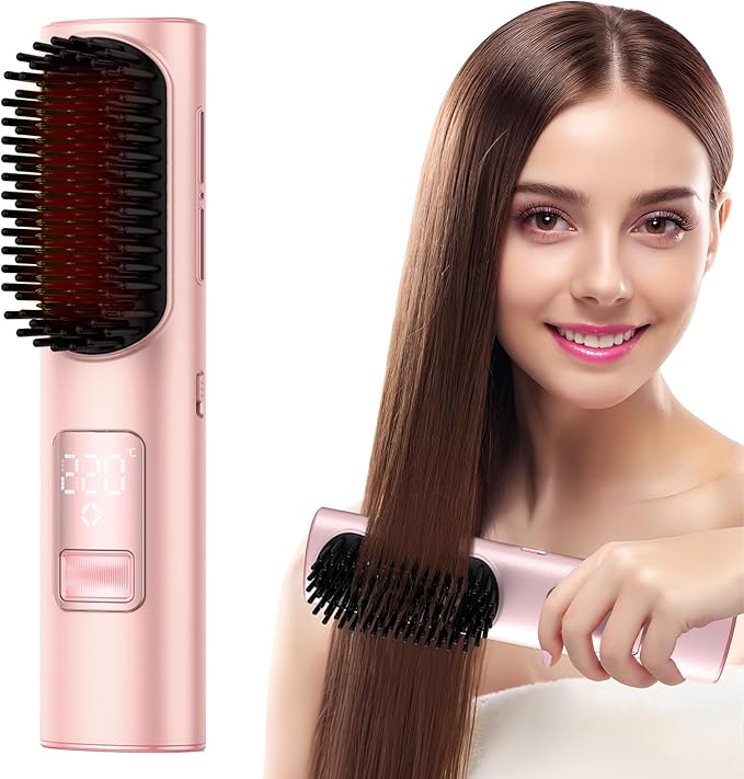 Cordless Hair Straightener Brush Mini Brush Straightener for TravelPortable Straightening Brush for WomenHot Comb Styling Tools &amp Appliances Pink