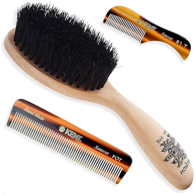 Kent Beard &amp Mustache Set - BRD5 Horse Hair + Nylon Bristle Brush 81T + FOT Handmade Sawcut Combs Pistol-Grip Wood Handle Dry/Wet Use Distributes Oils &amp Balms - Full Grooming Kit for Men
