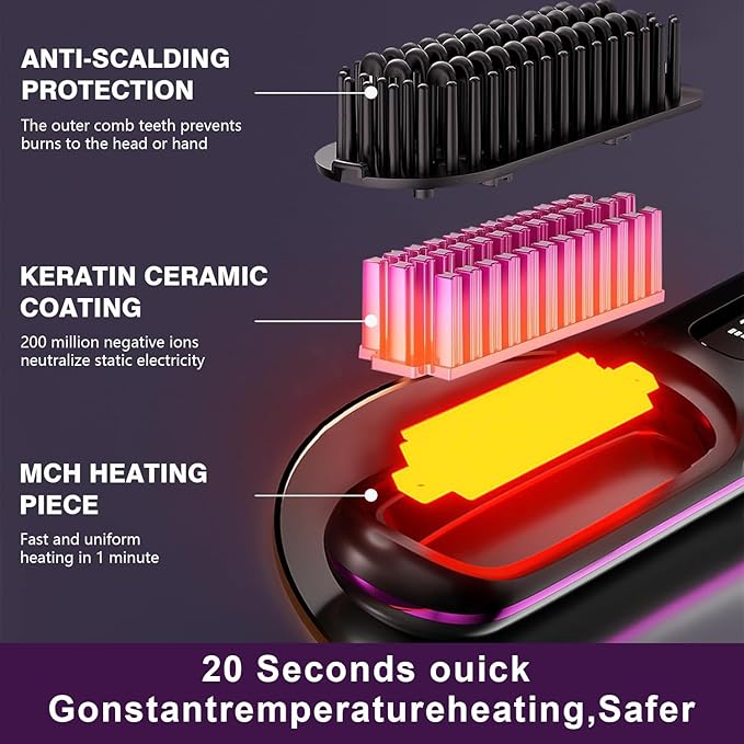 Go Brush Pro 2025 NewCordless Hair Straightener BrushPortable Straightener Comb Straightening Comb Rechargeable Go Travel Hot Combs Mini with Temperature Display for Women(Black)