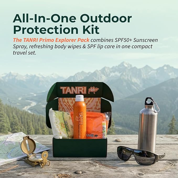 TANRI Primo Explorer Pack Includes SPF50+ Sunscreen Spray that Goes on Clear Active Wipes No-Rinse Body Wipes Moisturizing SPF15 Pear Lip Balm and an Adjustable Fanny Pack (4-Pack Bundle)