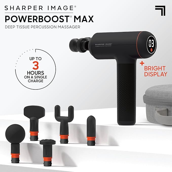 Sharper Image Deep Tissue Percussion Massage Gun Powerboost MAX Rechargeable Handheld Massager 7 Adjustable Speeds 6 Attachment Heads &amp Carrying Case Full Body Muscle Pain Relief Black