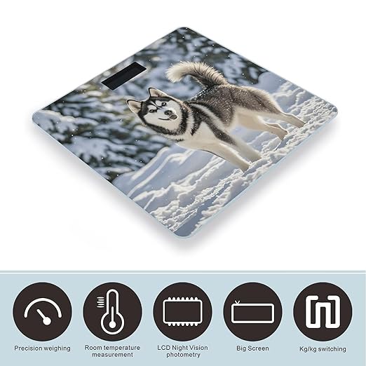 Husky in Snow Dog Digital Bathroom Scale for Body Weight Weighing Scale with Backlit LCD Display High Precision Measurements &amp Measures Weight Up to 180kg