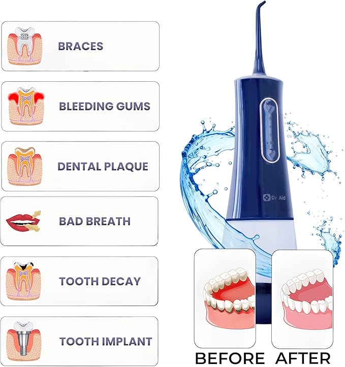 Dr. Aid Portable Water Flosser - Dental Oral Irrigator for Travel with 12Oz Tank Filter 5 Tips Type C Charger - IPX8 Waterproof Electric Flosser - Water Flossers for Teeth Gums Braces (Blue)