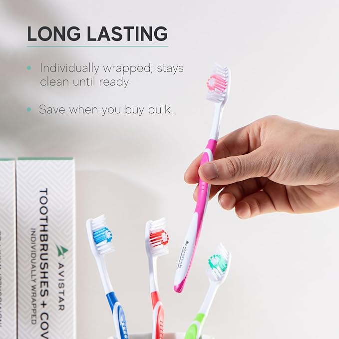 Avistar Dental Care Bundle: 450 Individually Wrapped Floss Picks (Multi-color) &amp 4 Medium Bristle Toothbrushes for Adults (Red) - Easy Grip &amp Convenient Oral Hygiene Kit for Travel Hotels &a