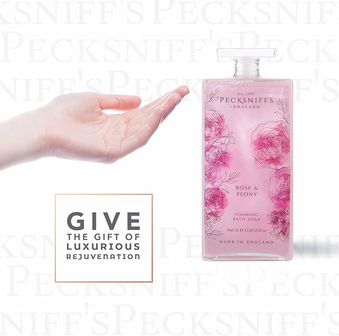 Pecksniff’s Rose &amp Peony Foaming Bath Soak – Luxury Bubble Bath 1L / 33.8 fl oz Made in England