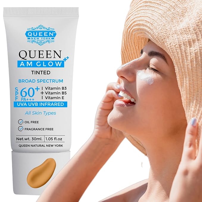 QUEEN SUN PLUS + QUEEN AM GLOW Sunscreen SPF 60 Primer-Anti Aging Face Moisturizer- Vitamin B3 B5 E- Non-Greasy Silky Touch Instant dry-oil free fragrance free by QUEEN NATURAL NEW YORK