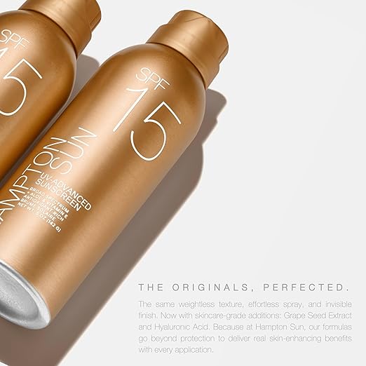 Hampton Sun SPF 15 Continuous Mist Sunscreen Broad Spectrum UVA/UVB | Advanced Water + Sweat Resistance Antioxidant-Rich Vitamin E + Aloe for Hydrated Radiant Skin Glowy Finish and Oil-Free.