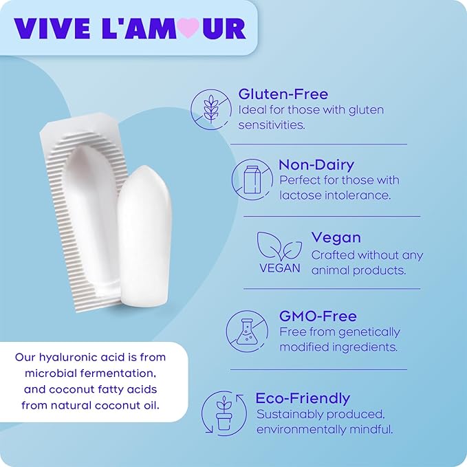 Vive L'Amour 15mg Hyaluronic Acid Vaginal Suppositories Vaginal Moisturizer Continuous Hydration Relieves Vaginal Dryness Restores Natural Softness &amp Elasticity Vaginal Health (12 Inserts)