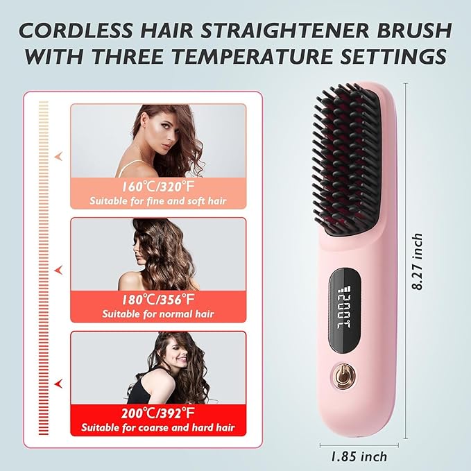 Portable Cordless Hair Straightener Brush for TravelMini Hair Straightener Comb with Negative IonMini BrushRechargeable 3 Temp-SettingPink