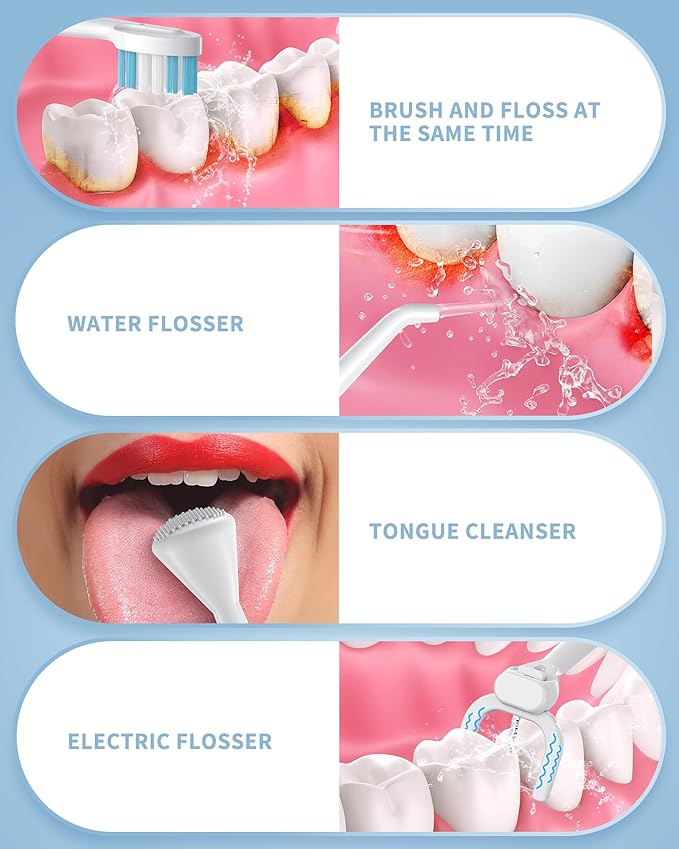 Electric Toothbrush with Water Flosser 4 in 1 Cordless Toothbrush and Water Flosser Combo for Multiple Users and Needs Flossing Toothbrush Portable for Travel and Home White