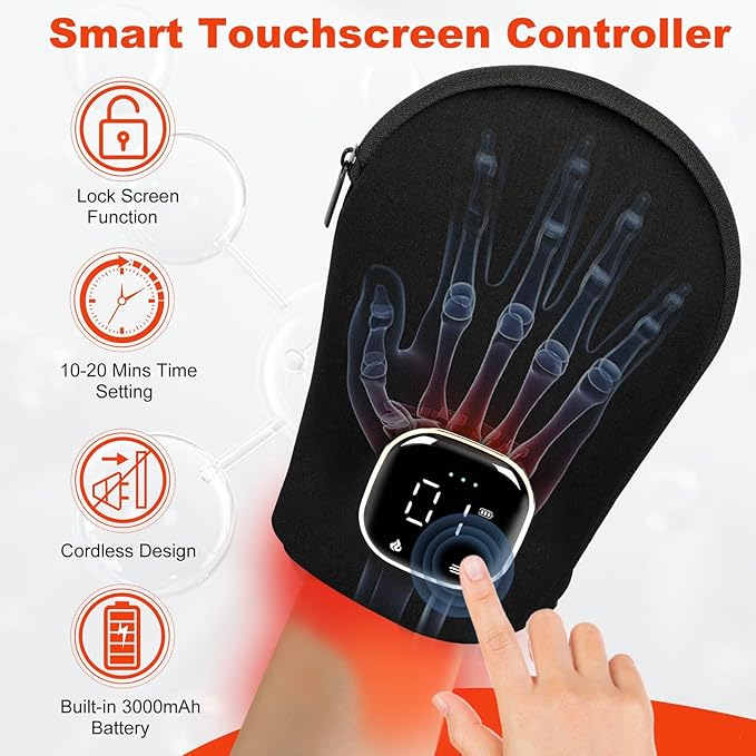 LOVTRAVEL 660nm Red Light Therapy Glove for Hand 850nm Near Infrared Light Device Mitten with Auto-Off Timer Rechargeable Pad for Hands Fingers Wrist Arthritis Joint Pain Relief