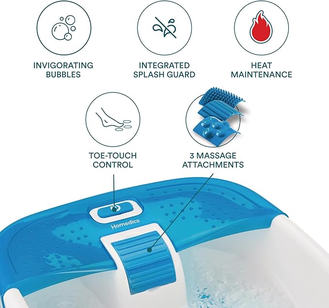 HoMedics Bubble Bliss Deluxe Foot Spa with Heat Massaging Arch 3 Acupressure Attachments Splash Guard Raised Nodes Creates Bubbles Improves Circulation Soothe Tired Muscles