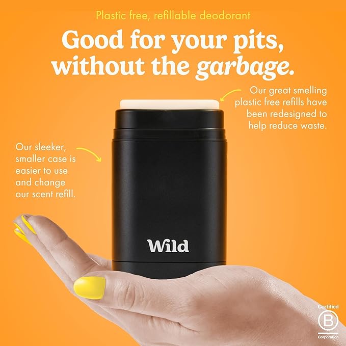 Wild - The Full Monty Aluminum Free Deodorant Starter Kit for Men - Refillable Stick Deodorant with Black Case &amp Zero Plastic Vegan Refills in a Variety of Scents 5 x 1.4oz - Long Lasting Protecti