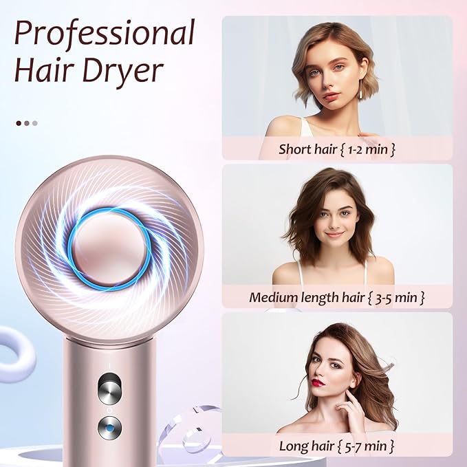 Brushless Powerful Hair Dryer 1600W 110000 RPM Fast Drying High Speed Blow Dryer with Negative Ion Technology Portable Lightweight with Diffuser and Nozzle for Home Salon Travel Pink