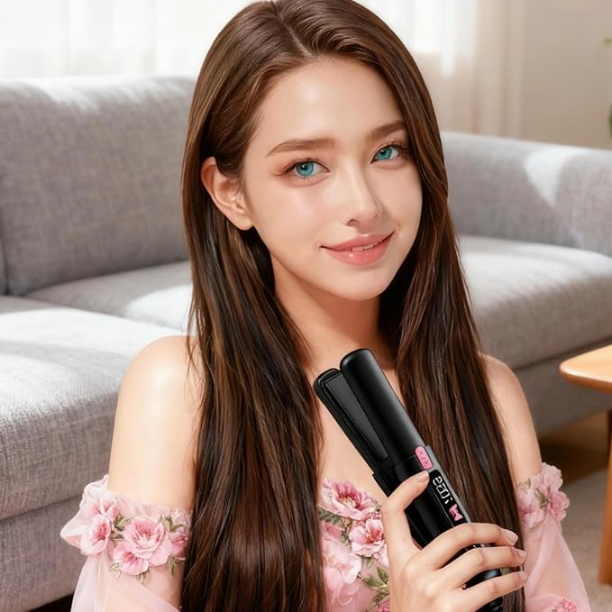 Cordless 2 in 1 Hair Straightener Curler Mini Portable Flat Iron 6 Temp Settings USB-C Rechargeable LCD Display Gray