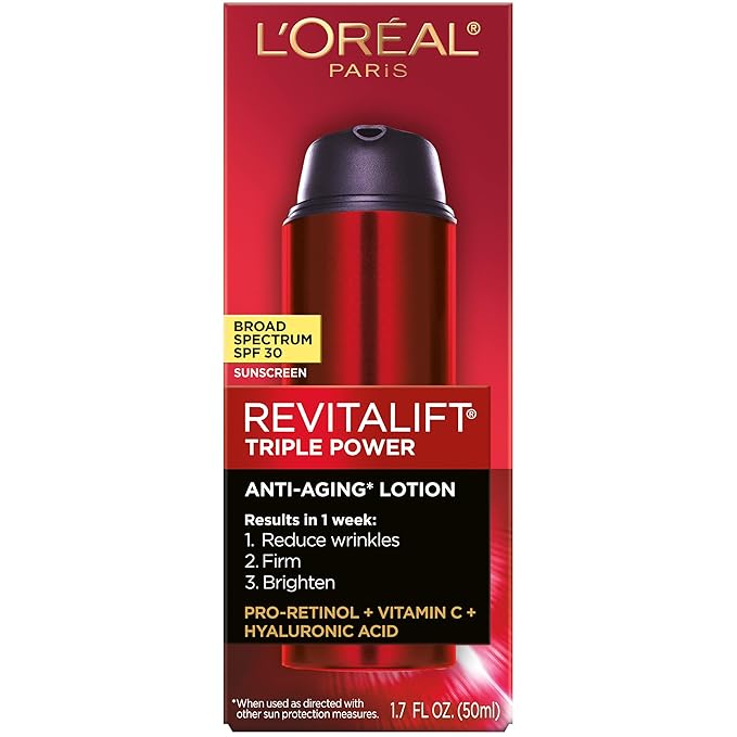 L'Oreal Paris Revitalift Triple Power Anti-Aging Broad Spectrum SPF 30 SunscreenPro RetinolHyaluronic Acid &amp Vitamin C LotionReduces Wrinkles 1.7 Oz(Pack of 2)