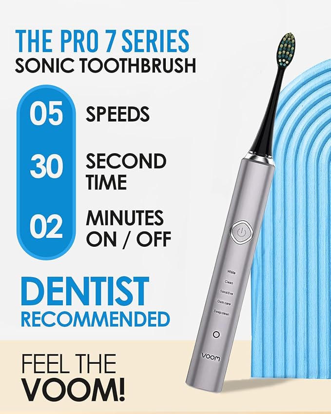 Voom Sonic Pro 7 Electric Toothbrush for Adults Sonicare Electric Toothbrush with 40000 VPM w/ 5 Deep Clean Modes Rechargeable Toothbrushes Fast Charge 4 Hours Last 8-Weeks