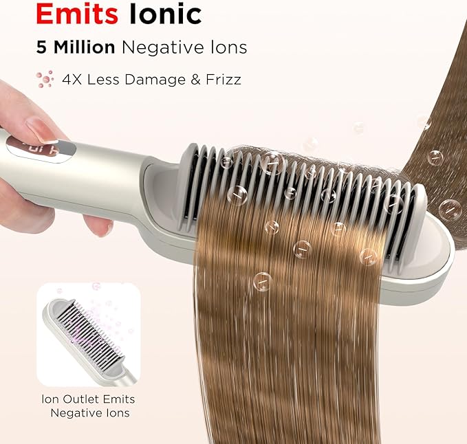 Prizm Hair Straightener Brush 20s Fast Heating Negative Ions Hair Straightening Comb with Less Frizz 4 Temp Settings &amp LED Display Anti-Scald Design for Home Salon Dual Voltage Champagne Sil