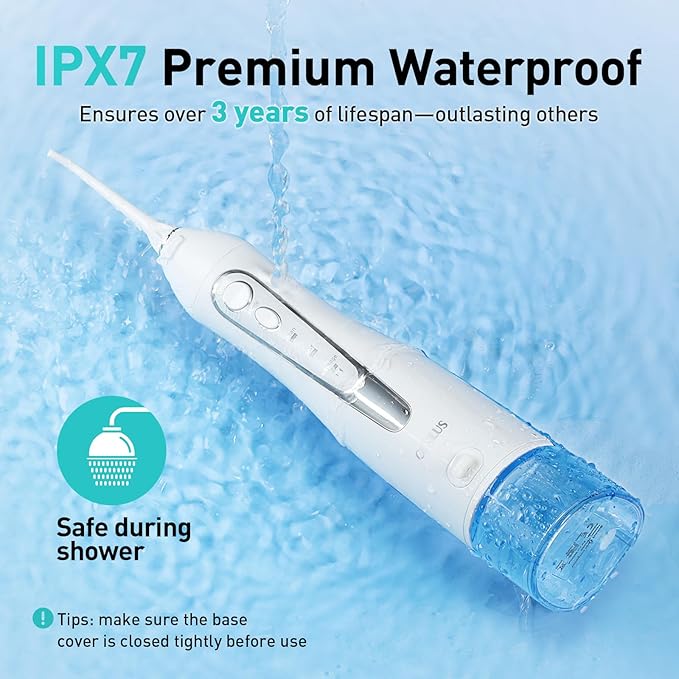 COSLUS Water Dental Flosser Teeth Pick C20(F5020E): Portable Cordless Oral Irrigator 300ML Rechargeable Travel Irrigation Cleaner IPX7 Waterproof Electric Flossing Machine for Teeth Cleaning White