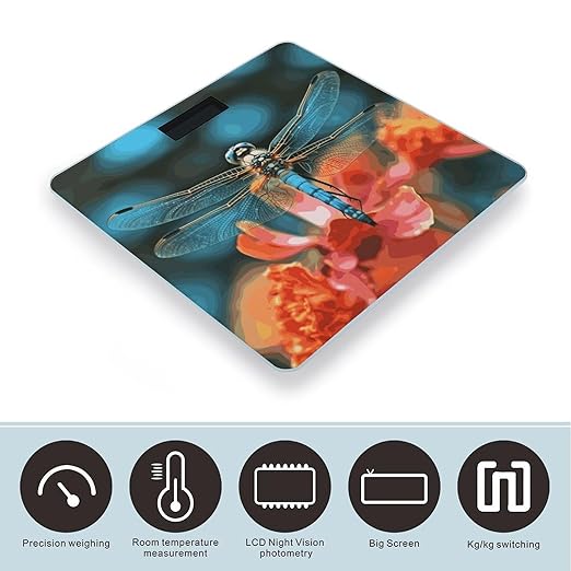 Dragonfly On The Flower Weight Scale Digital Electronic Scales Bathroom Scale Larg LCD Backlight Display High Precision MeasurementsTempered Glass