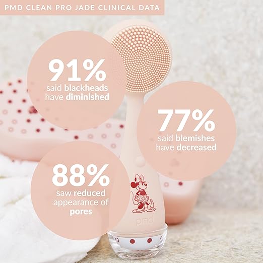 PMD Beauty x Disney Minnie Mouse Clean Pro Jade-Smart Facial Cleansing Device with Silicone Brush &amp Gemstone ActiveWarmth Anti-Aging Massager-Waterproof-SonicGlow Vibration-Clear Pores &amp Black