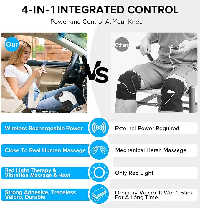4-in-1 Knee Massager – Deep Heat Red Light Vibration &amp 3D Massage Cordless and Portable with large LED Screen Ideal for Joint Pain Relief &amp Post-Workout Recovery Gift for Families and Fri