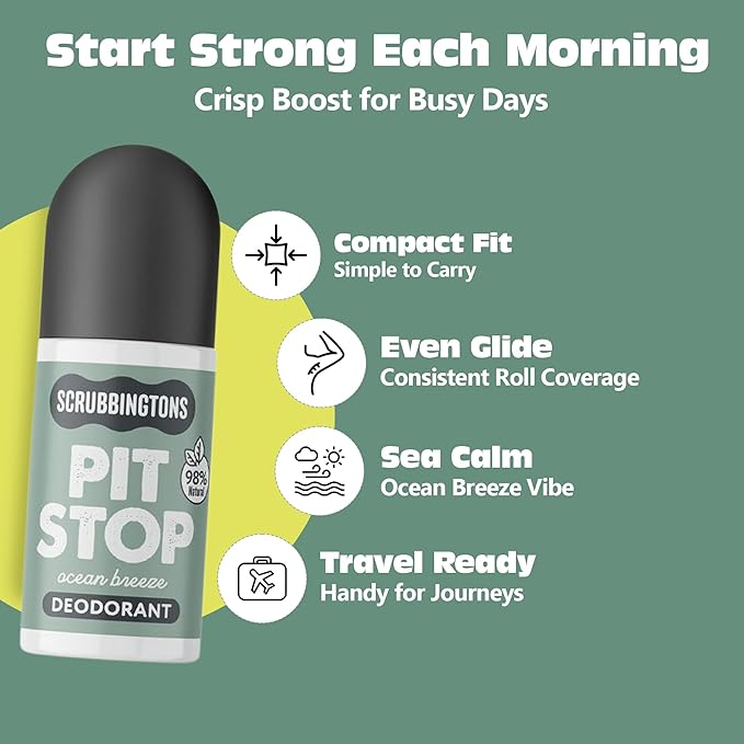 Scrubbingtons Pit Stop 98% Natural Deodorant For Women Men Roll On For Sensitive Skin Made in UK. Paediatrician approved Aluminium &amp Alcohol Free Vegan &amp Cruelty Free Ocean Breeze 75ml x