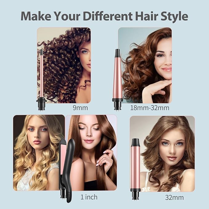 4 in 1 Curling Iron with Interchangeable Ceramic Barrels (0.35-1.5) Curling Wand Set with Flat Iron Hair Straightener Dual Voltage Hair Curler 2 Temps Fast Heat Hair Waver Curler