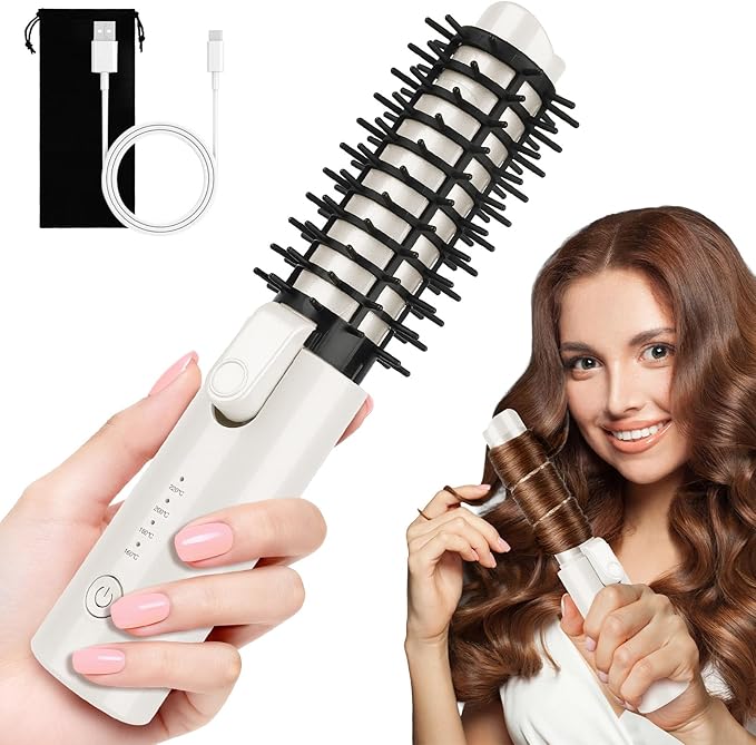 Cordless Curling Iron Brush Mini Travel Hot Straightener Comb Curl Brush Rechargeable 4 Temps Cordless Wand Blush with 200 Million Negative Ions for Curls Straightening Styling (White)