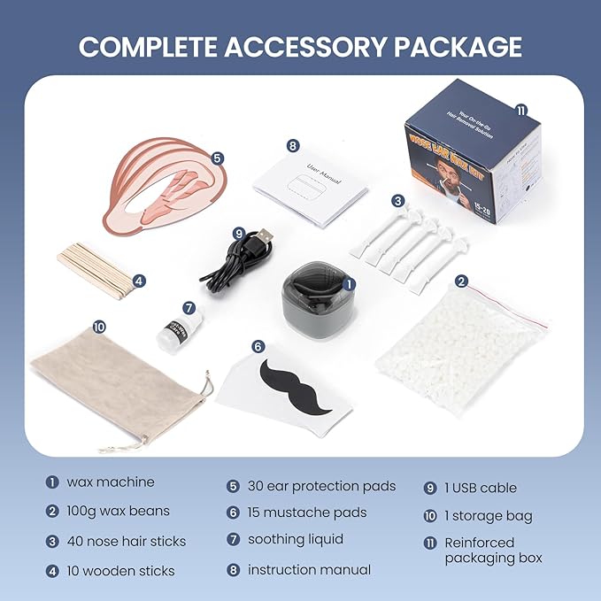 Nose Wax Kit Men Mini Wax Warmer for Hair Removal Mini Wax Kit for Noes and Ear 100g Wax Beads 40 Sticks USB Fast Heat Smart Constant Temp Upgraded Size Multi-Accessories Gray