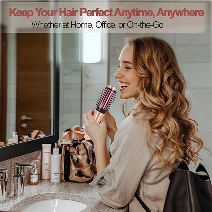 Youbella Cordless Hair Curling Iron Brush Mini Travel Hot Straightener Comb 3-in-1 Portable Wave Curling Wand 1.5″ Ionic Heated Brush USB Rechargeable Hair Curler Pink – No Automatic Rotation