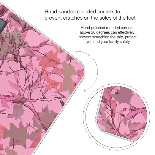 Pink Leaves Camo Bathroom Scale Automatic Power On/Off Body Scales LCD Backlight Display Square Digital Scale Rounded Corners Bathroom Scales for Home Bedrooms