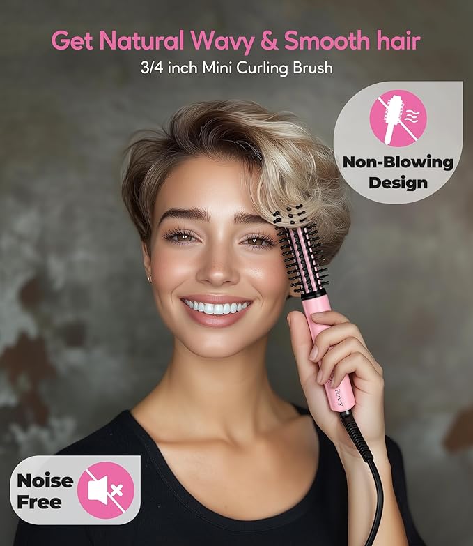 Farery Mini Thermal Brush 3 Temperature Adjustable 3/4 Inch Travel Curling Iron for Short Hair Heated Round Brush for Touch ups and Small Curls Travel Size Curling Wand Dual Voltage Pink