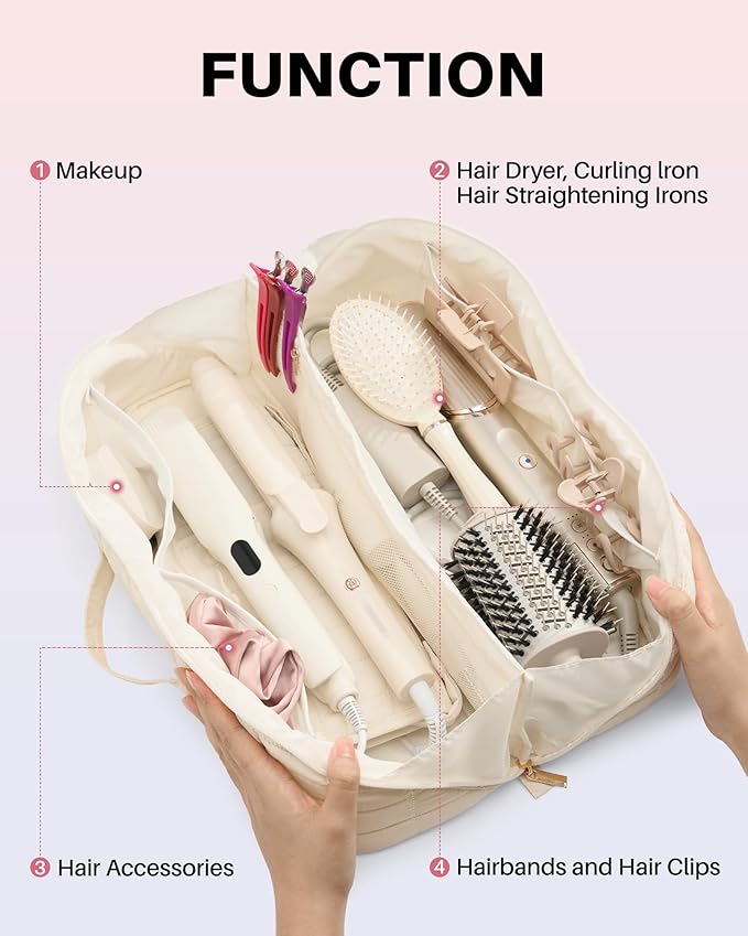 Hot Tools Travel Case with Heat Resistant Mat Pouch Large Hair Tool Organizer Bag for Curling Iron Flat Iron Hair Dryer Hot Air Brush Water Resistant Makeup Bag Gift for Women Beige