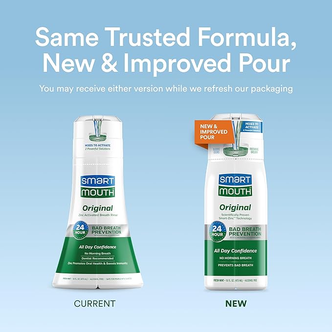 SmartMouth Original Zinc Activated Mouthwash &amp Single Packs - Instant Fresh Breath Mouthwash - Eliminates Bad Odors &amp Bad Breath - Alcohol-Free - Fresh Mint - 16 fl oz Bottle &amp 10 Count Si